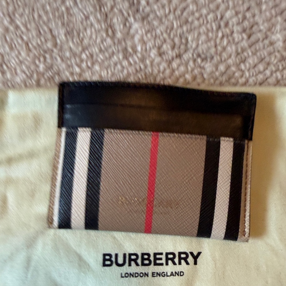 Burberry Beige Stripe Card Holder with Black and Red Accents